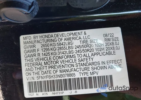 2022 Honda Pilot Awd Sport z USA, uszkodzony, nr VIN 5FNYF6H33NB078865